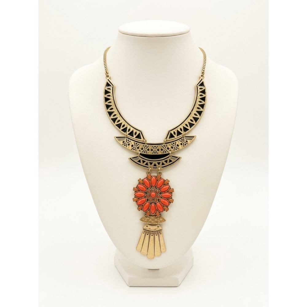 Lucky Brand Coral Orange Geometric Boho Statement Necklace